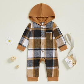 ZAXARRA Infant Baby Hooded Romper Cute Fashionable Versatile Plaid Long Sleeve Jumpsuits Newborn Boy Girl Clothes (Khaki, 0-3 Months)