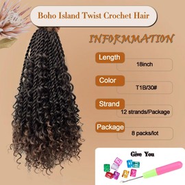 Boho Island Twist Crochet Hair 8 Packs 18 Inch Pre-Looped Goddess Senegalese Twist Crochet Hair with Curly Ends Boho Style Braids for Women T1B/30#