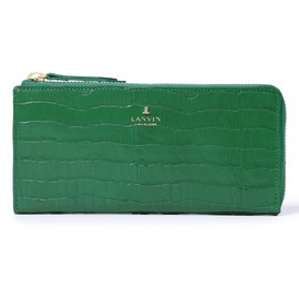Lanvin Collection 65-6712 Women's Long Wallet, L-Shaped Zipper, Lamer Purse, Genuine Leather, Made in Japan, Crocodile-Embossed Cowhide Leather, [70] Green