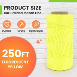 MERIANE Mason Line, 250 Ft #18 Braided Nylon String Twine, Premium String for Masonry Jobs, Construction, Gardening, Net Making and Mending, DIY Projects, Fluorescent Yellow