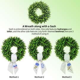 Boxwood Wreaths for Front Door Green Spring Summer Wreaths Farmhouse Door Hanger,Year Round Porch Decor Large Wreath with sash Embroidered Hydrangea and Bowknot for Multi occasions-22inch