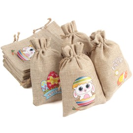 LOKIPA 12 Easter Jute Burlap Gift Bags with Drawstring,Small Easter Gift Bag for Sweet to Easter Presents