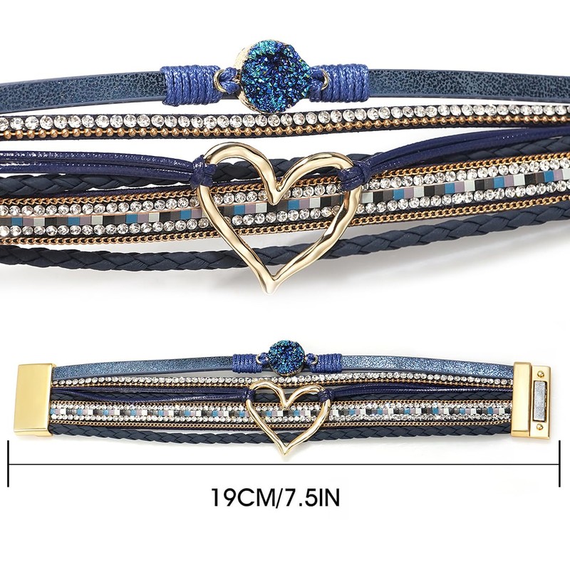 Suyi Multilayer Leather Wrap Bracelet Heart-Shape Wide Cuff Bracelets for