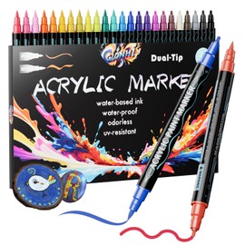 GLONHI GH-8 Acrylic Paint Pens,24 Colours Dual Tip Acrylic Paint Markers,with Brush Tip and Foldable Fine Tip Waterproof Markers Ideal for Rock, Canvas