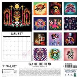 Day of the Dead Calendar 2026 | Sugar Skulls Dia De Muertos Mexico Wall Calendar | 12" x 24" | Marble City Press | Hand-Drawn Mexican Folk Art Illustrated Marigolds Ofrenda | Small Family Owned Business | Sustainable Plastic Free Packaging, Thick Art Pap