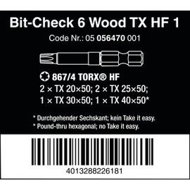Wera - 05056470001 Bit Assortment, Bit Check 6 Wood TX HF 1, 6 Pieces
