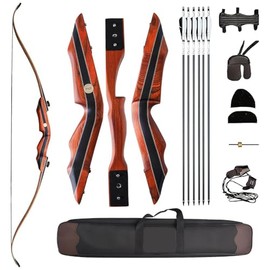 PMZ Flame Z8 Recurve Bow and Arrow Set for Youth Adult, 60" Wooden Takedown Traditional Hunting Bow Kit with 6pc Arrows for Intermediate Practice Competition (20-60lbs) RH Only (Oak Limbs, 50lbs)