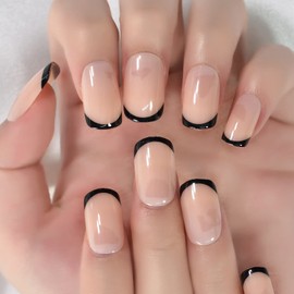Medium Short Squoval False Nails Natural Nude Black Side Glossy Translucent French Press on Nails Salon Nail Art Tips DIY at home