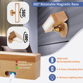 Battery Operated Led Wall Sconces, 2 Pack Wireless Dimmable Wall Lights for Bedroom, 3 Color Temperature 360°Rotatable Rechargeable Magnetic Wood Wall Lamp for Living Room Bedside (Beech Wood)