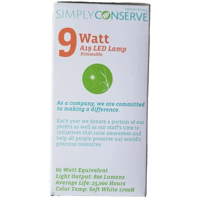 Simply Conserve LED Light Bulb, A19 Lamp 800 Lummens, Dimmable,