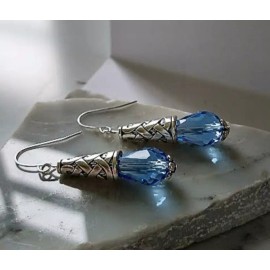 Bad Apple Designs Light Blue Crystal Teardrop Silver Dangle Earrings, Handcrafted, Ladies Jewelry