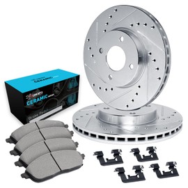 R1 Concepts Front Brake Kit For 2015-2019 Nissan Micra, 2012-2019 Nissan Versa| Drilled Slotted Brake Rotors| Ceramic Brake Pads and Rotors Kit| Hardware included