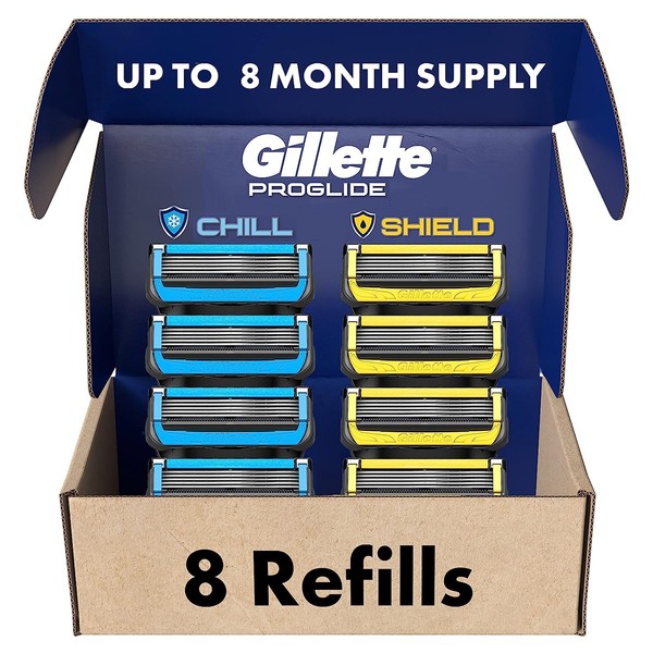 Gillette Mens Razor Blade Refills, 4 ProGlide Chill Cartridges, 4 ProGlide Shield Cartridges, Shields against Skin Irritation, Cools to sooth skin, 8 Count (Pack of 1)