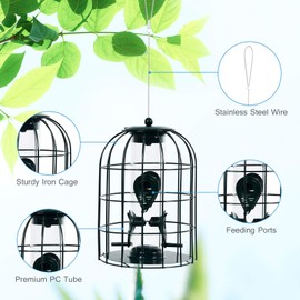Giantex Metal Hanging Bird Feeder, Outdoor Squirrel-Proof Bird Feeder Cage with 4 Feeding Ports, Transparent PC Tube, Stainless Steel Wire, Metal Seed Guard Deterrent, for Garden Yard Balcony