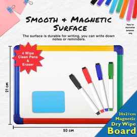 Premium A4 Magnetic Whiteboard 30 x 21cm- Double-Sided with Dry Erase Surface - Grid Printed on 1 Side - Ideal for Kids & Adults - Home & Office - Includes 4 Wipe Clean Pens and Eraser