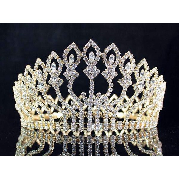Floral Full Crown Clear White Austrian Rhinestone Crystal Tiara Pageant Queen Princess Headpiece Hair Combs Prom Large Gold T1406g