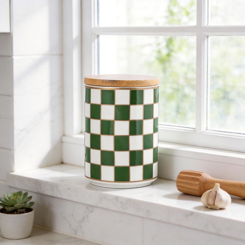 XYQXYQ Kitchen Countertop Ceramic Checkered Canisters,Black And White Food Storage