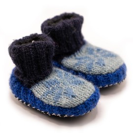 Tibetan Socks Hand Knit Wool Baby Slippers Lined in Fleece With Non Slip Soles For Boys and Girls Blue 18-24 Months