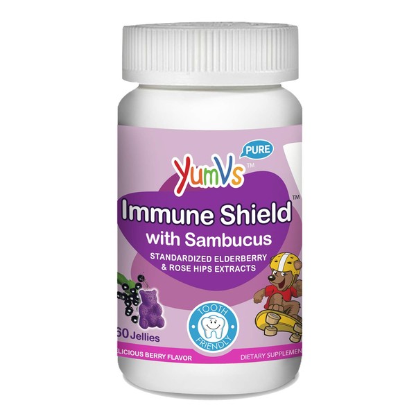 Immune Shield Elderberry Gummies by YumVs | Kids Immune Support | Sambucus Elderberry & Rose Hips Extract | 60 Berry Flavor Jellies