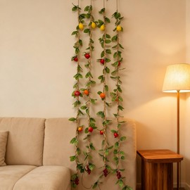 LOONELO Sukkot Artificial Fruit Vine Garland, 4 Pcs Fake Lemon Apple Grape Pomegranate Orange Silk Hanging Decoration with Green Leaves 7.5ft, Sukkah Holiday Front Door Wall Decor for Jewish Festival