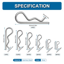 VooGenzek 100 PCS 7 Sizes Stainless Steel Cotter Pin Kit, R Clips Retaining Pins, Hitch Pin Assortment, for Automotive, Mechanics, Car Garage, Workshop