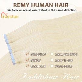 Faddishair Tape in Hair Extensions Human Hair 18 Inch 20Pcs 50Grams Platinum Blonde Remy Human Hair Tape in Extensions Invisible Salon Quality (Platinum Blonde)