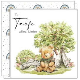 Pusteblume Grusskarten 2 x Christening Cards Large Square Recycled Paper Card with Printed Envelope (Bear and Teepee)
