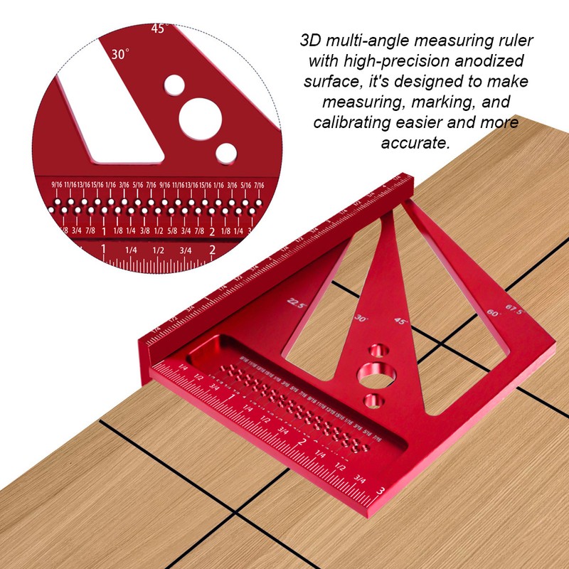 Upgrade Woodworking Measuring Ruler Metric/Inch 3D Multi-Angle Aluminum Alloy 22.5/30/45/60/67.5/90