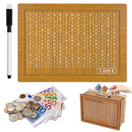 Wooden Money Box, Money Box with Ticking Numbers, Money Box, Retro Money Box, Children's Savings Target, Reusable Money Box with Savings Target and Numbers to Tick (3000 €)