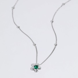 Meissa Sterling Silver Flower Pendant Necklace for Women Emerald Green Stone Floral Choker Layered Bead Necklace Cute Friendship Necklace, Silver