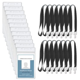 Pack of 12 ID Card Holder with Strap, 4 x 8 Inch Long Transparent Waterproof Vertical Card Case, Lanyard with Card Holder for Business, Exhibition, Office, School (Black)