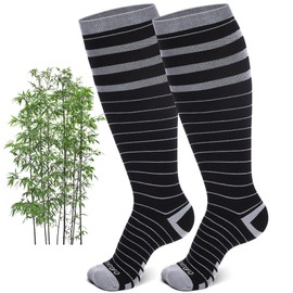 ZFSOCK Bamboo Compression Stockings Calf for Women: Plus Size Thick Support Stockings Men's Wide Calf Thrombosis Stockings Seamless 15-20 mmhg for Hiking Flight Travel Running 1 Pair, Black Striped