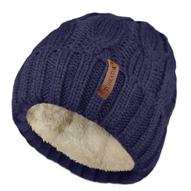 TOSKATOK Ladies Chunky Soft Cable Knit Hat with Cosy Fleece Liner and Detachable Faux Fur Pompom-Navy