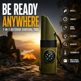 7-in-1 Survival Whistle Tool for Camping – Compact Compass, LED Light & Signal Kit for Hiking Gear