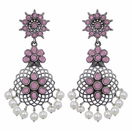 Indian Designer Brocade Afghani Antique Silver Oxidized Bollywood Gypsy Bollywood Fashion Traditional Ethnic Pearl White Dangle Jhumka Earrings Fusion Jewelry (Blush Pink)
