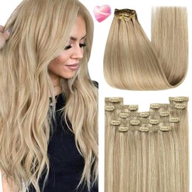 YoungSee #16/22 Real-Hair Extensions Clip-In Blonde 45 cm Golden Highlights Medium Invisible Clip Extensions Thick 135 Grams