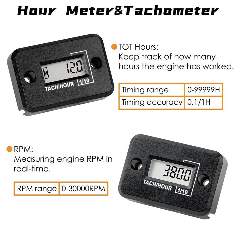 NInE-ROnG Tach Operating Hour Counter Digital LCD Inductive Tachometer RPM