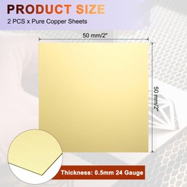 sourcing map 2Pcs Pure Brass Sheet, 2" x 2", 24 Gauge (0.5mm) Thickness, Metal Brass Plate with Gloves for Crafting, Modelers, Jewelry, Repairs, Electrical Repairs (Gold)