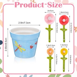 Flower Measuring Spoons Set in Pot - Ceramic Baking Measuring Spoons with Holder for Dry & Wet Ingredients - Cute Flower Figurine - 1 Tbsp, 1 Tsp, 1/2 Tsp, 1/4 Tsp - Unique Gift, Dishwasher Safe(Blue）