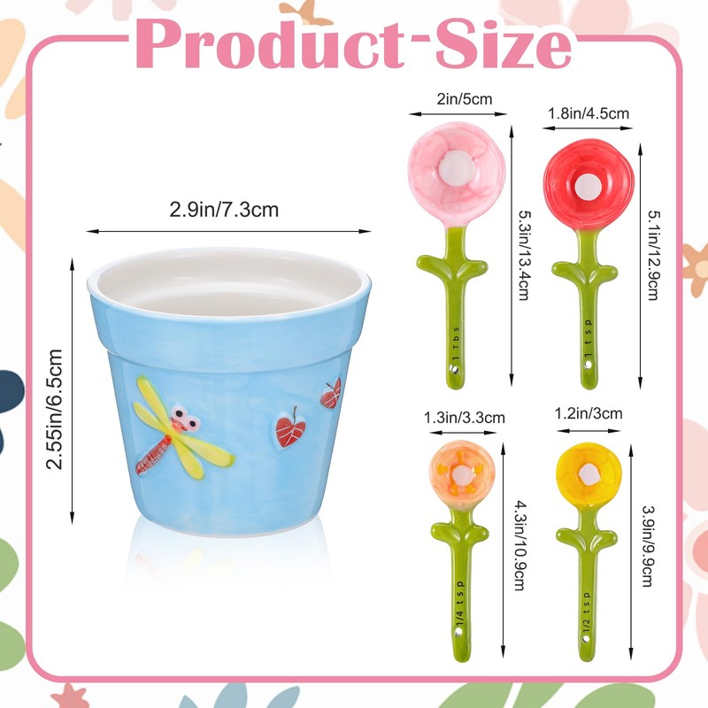 Flower Measuring Spoons Set in Pot - Ceramic Baking Measuring