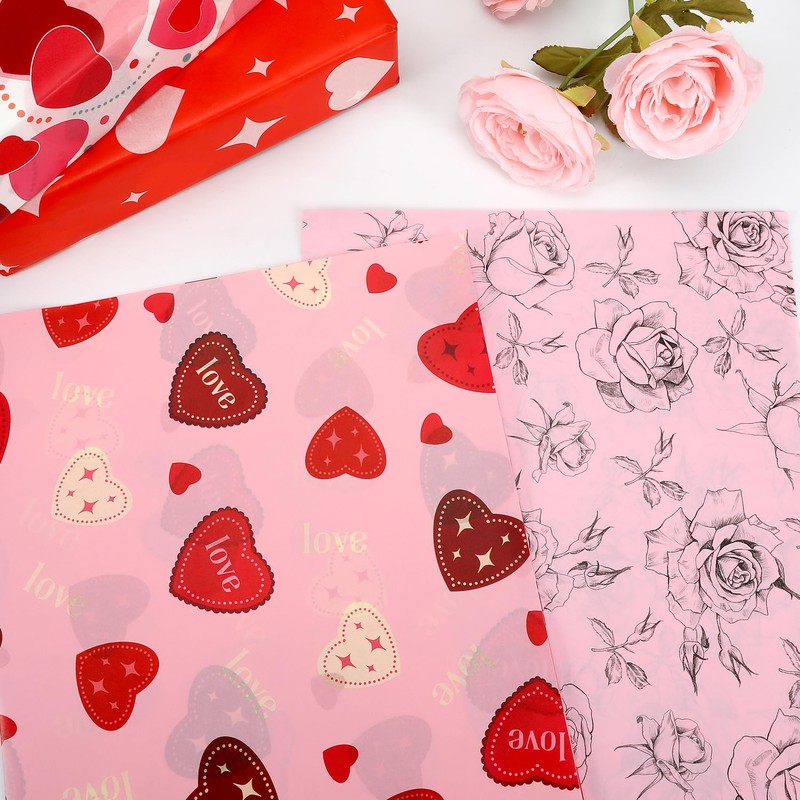LOADSFUN Valentine's Day Wrapping Paper Sheet - Pink Rose and