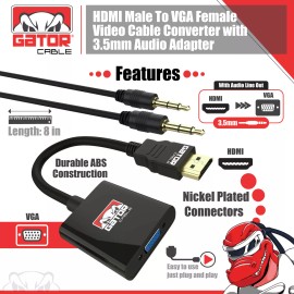 Gator Cable HDMI to VGA Adapter Video Audio with AUX 3.5mm Connector Cable Converter 1080P