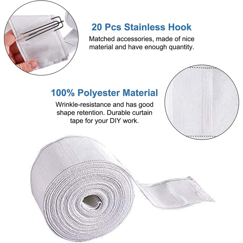 INCREWAY Curtain Tape, 32.8ft/10m Curtain Heading Deep Pinch Pleat White