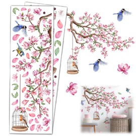 Cherry Blossom Tree Wall Art Stickers, Floral Room Decor for Bedroom & Living Room, Aesthetic Pink Flower Wall Decoration, 2PCS 30x90cm Paper Material