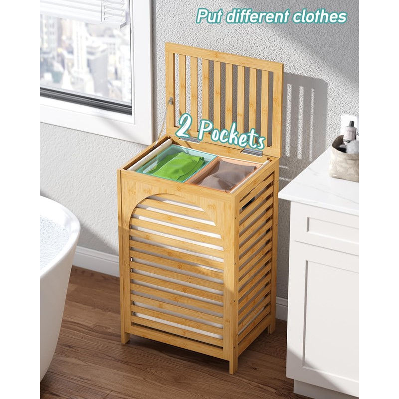 Laundry Hamper, 22.5 Gallon (85L) Bamboo Wood Clothes Laundry Basket
