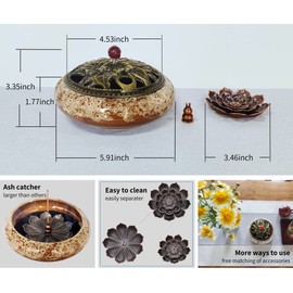KOPYFANTAP Lotus Incense Holder, Ceramic Incense Burner with Brass Calabash Incense Holder and Metal Cover, Easy to Collect and Clean, White