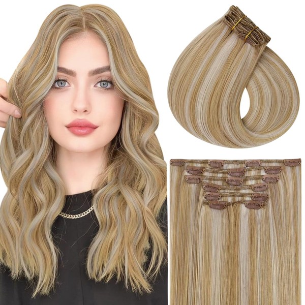 Vivien Clip-In Real Hair Extensions, Remy 130 g, Invisible #P27/60 Ash Blonde Highlighted Blonde, 7 Pieces, Double Weft Clip-In Extensions, 60 cm