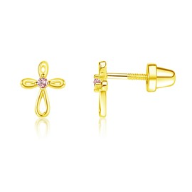 Girl's 14K Gold-Plated Infinity Cross Earring with Pink CZs and Screw Backs for Baptism or First Communion