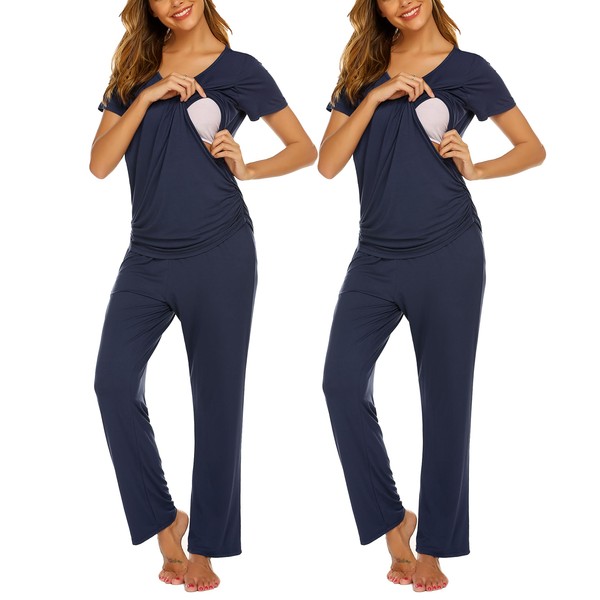 Ekouaer 2 Packs Nursing Pajamas Maternity Breastfeeding Sleepwear Set Double