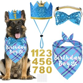 JOTFA Dog Birthday Party Supplies, Multi Sizes Dog Birthday Bandana Boy Dog Birthday Hat Crown with Birthday Numbers Bow Tie for Large Extra Large Dogs Pets (Light Blue, X-Large)